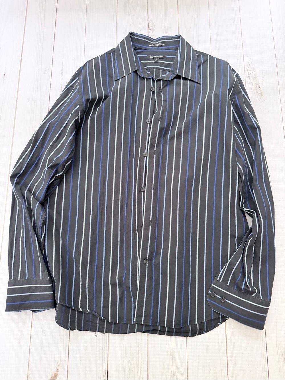 Express Black Button-Up Shirt with Blue & White Stripes - Picture 2 of 4